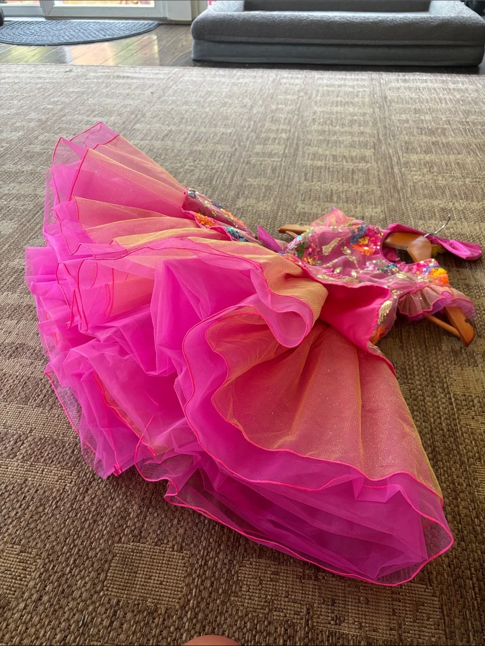 Girls Hot Pink Sequin Floral Embroidered Dance Dress Costume Size XL
